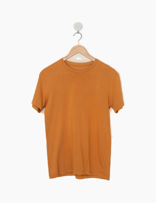 orange t-shirt hanging with wood hanger on wall